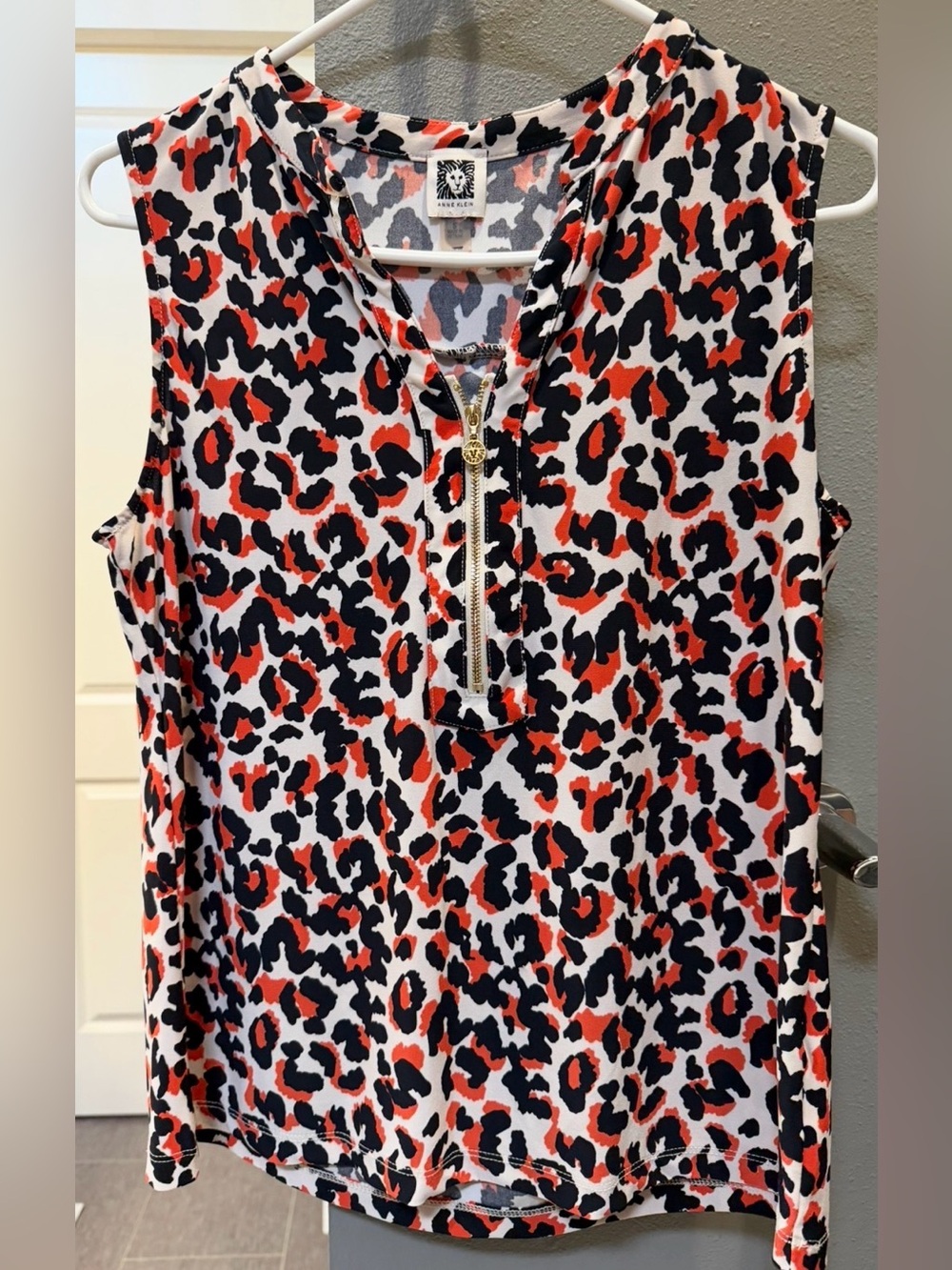 Anne Klein Red Black White Leopard-Print Zip Tank